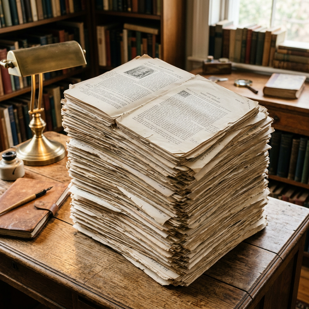 Stack of old manuscript pages with handwritten notes on a wooden desk in a traditional library